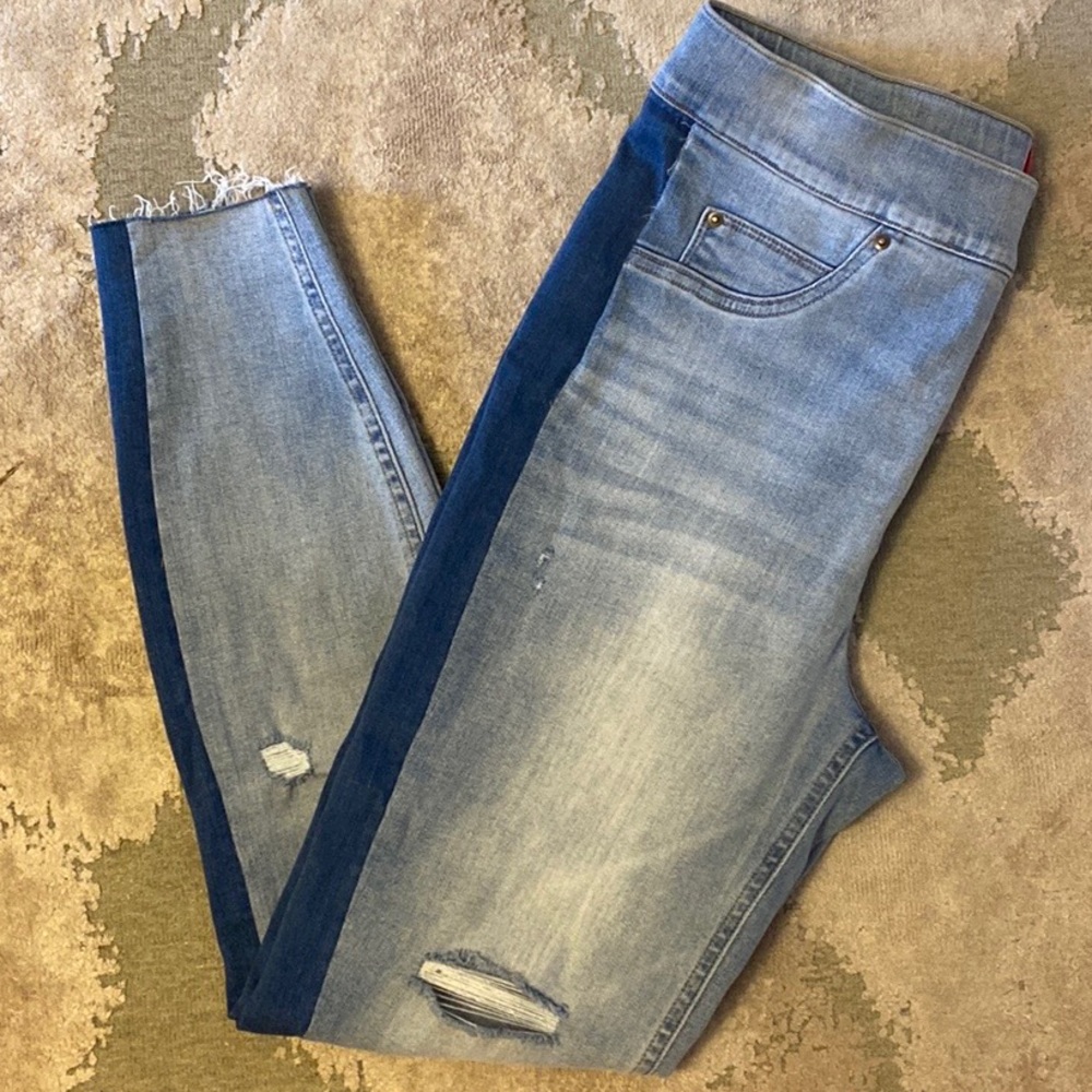 SPANX skinny jeans, distressed with raw hem